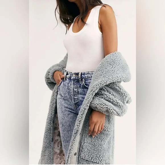 Free People Tessa Cozy Gray Teddy Coat Jacket Dusty Blue L XL - Picture 6 of 16
